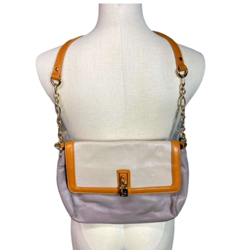 Emma Fox Tan & Gray Soft Leather Flap Crossbody Pocket Handbag Purse
